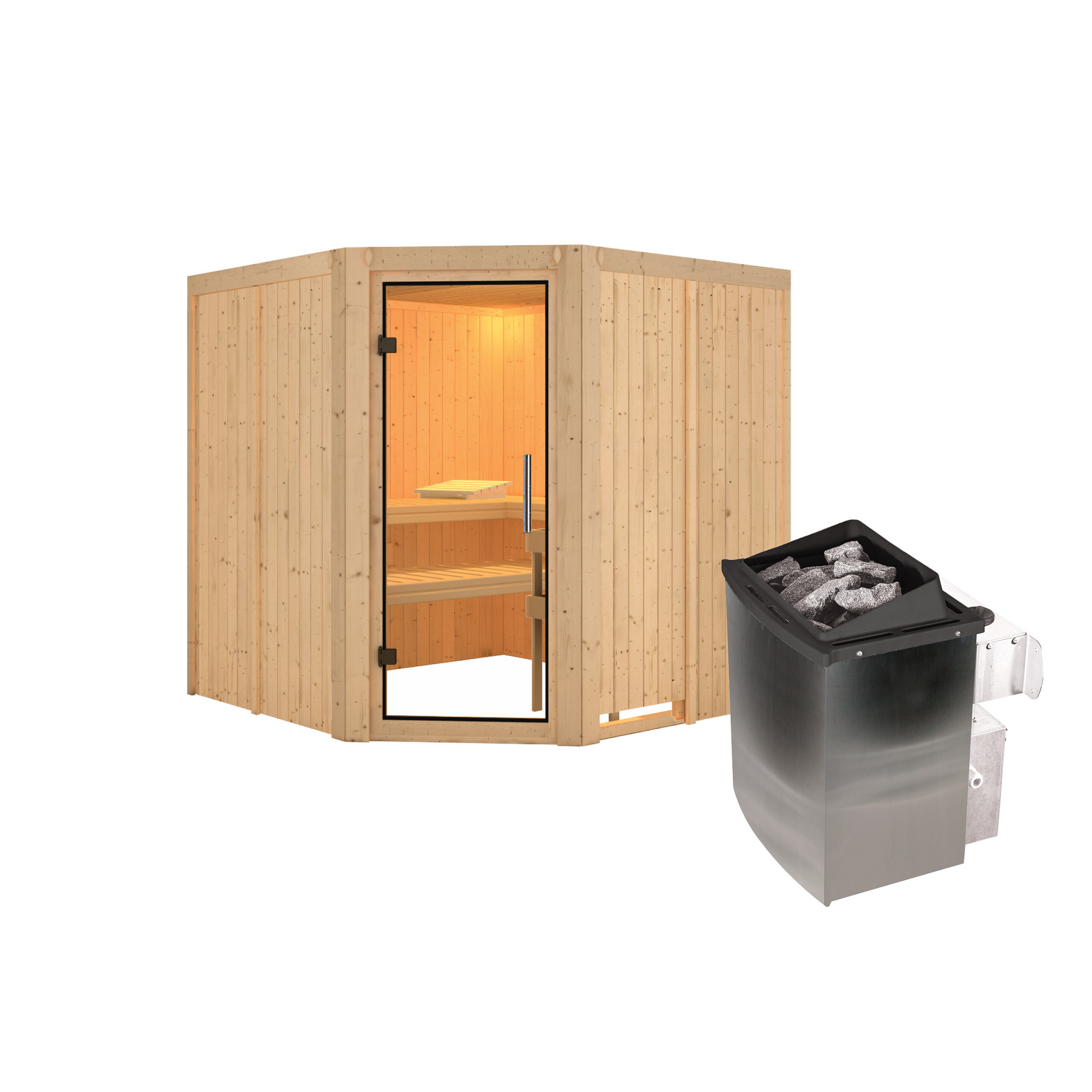 Elementsauna 'Alicia' naturbelassen mit Klarglastür 9 kW Ofen integrierte Steuerung 196 x 196 x 198 cm