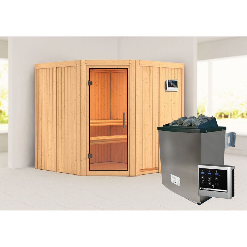 Eck-Sauna aus Holz mit Saunaofen
