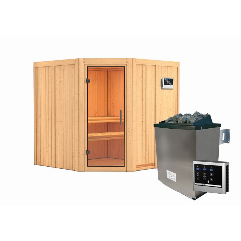 Ecksauna aus Holz mit Saunaofen