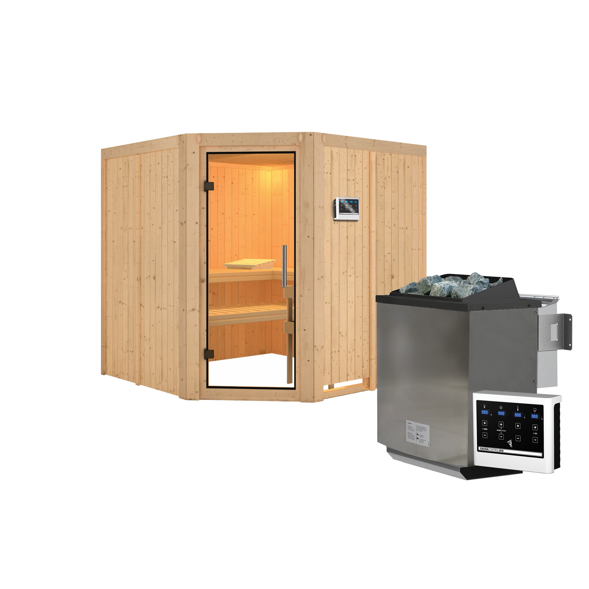 Elementsauna 'Alicia' naturbelassen mit Klarglastür 9 kW Bio-Ofen externe Steuerung easy 196 x 196 x 198 cm