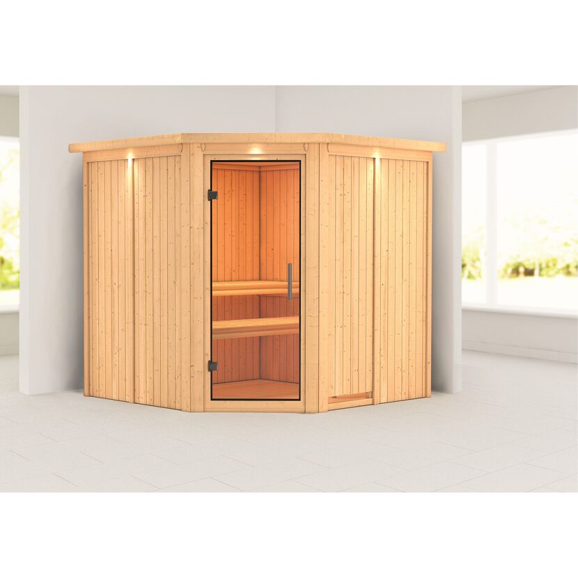 Ecksauna aus hellem Holz mit Glastür
