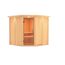 Ecksauna aus hellem Holz mit Glastür.