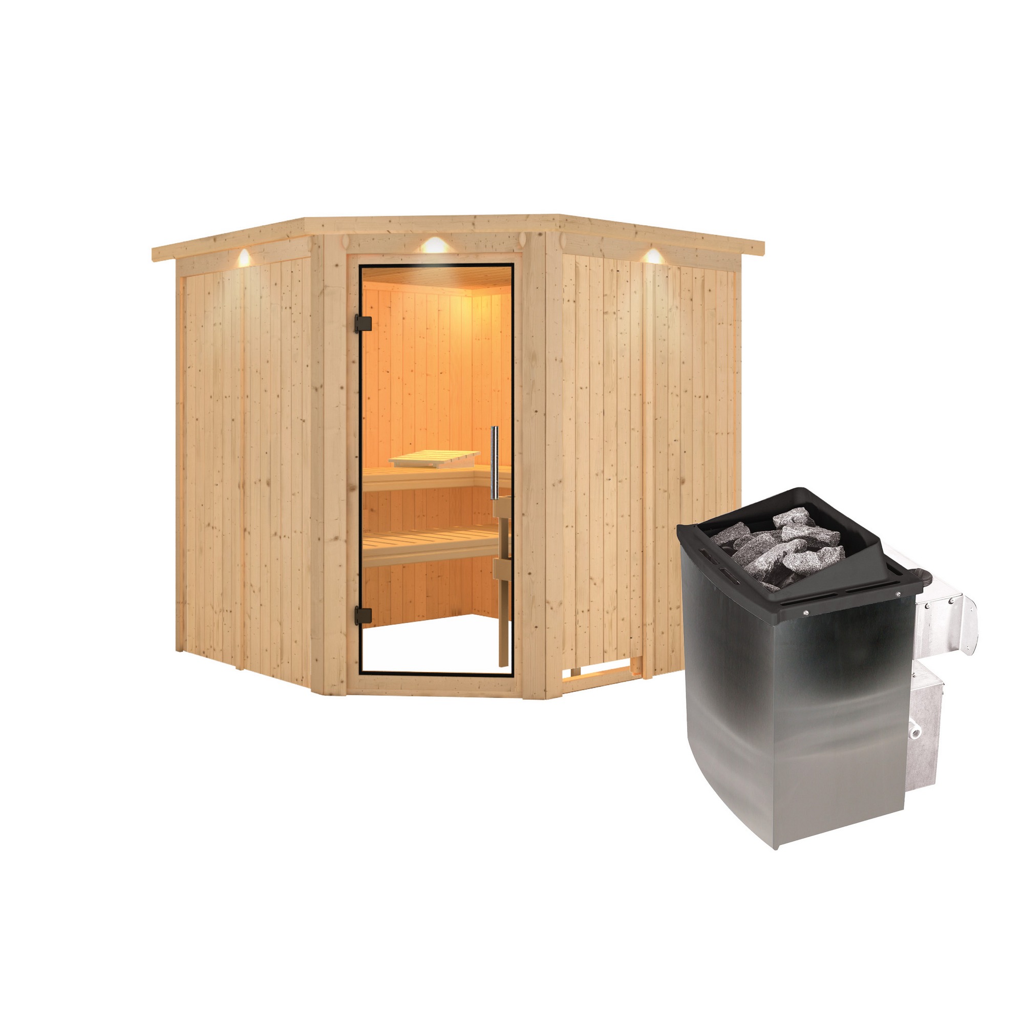 Elementsauna 'Alicia' naturbelassen mit Kranz und Klarglastür 9 kW Ofen integrierte Steuerung 210 x 210 x 202 cm