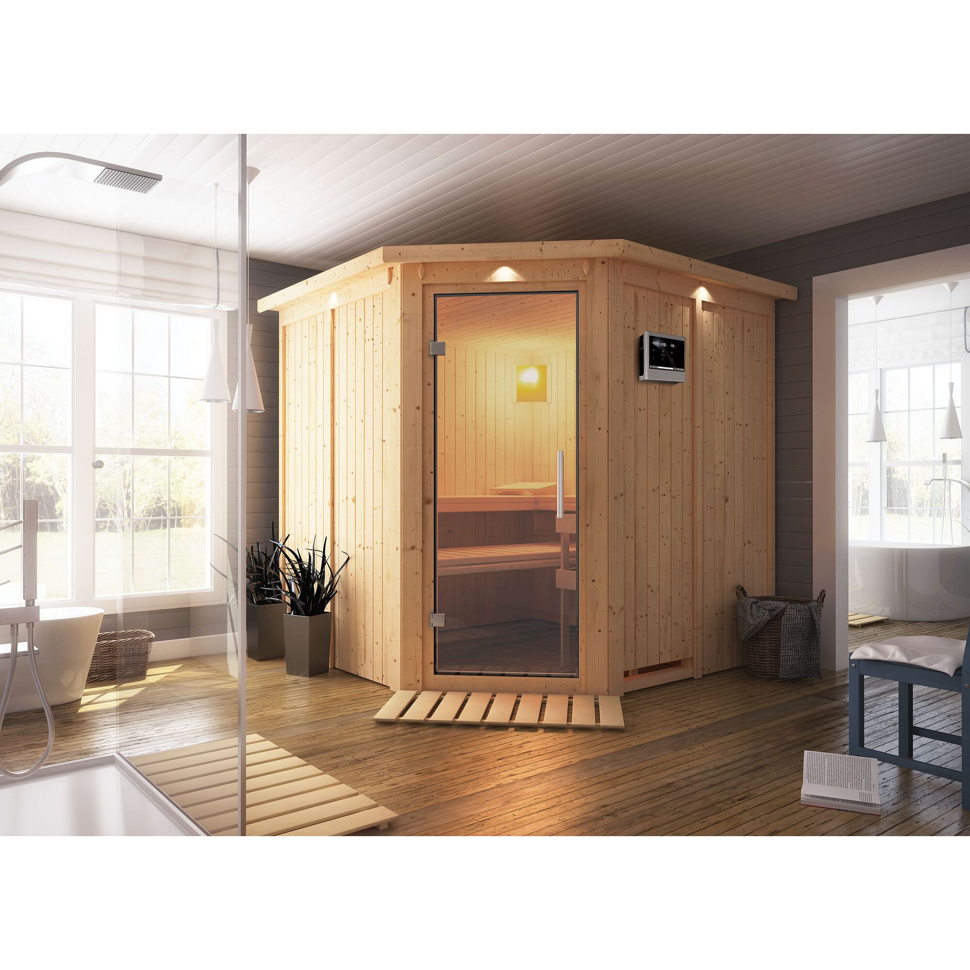 Ecksauna aus hellem Holz in einem Badezimmer
