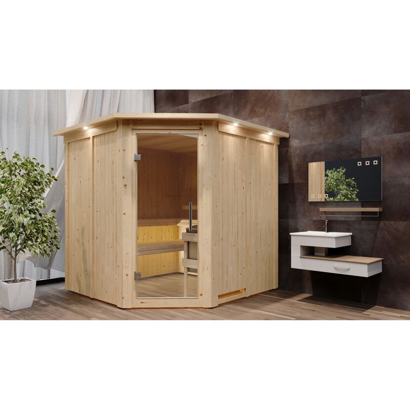 Eck-Sauna aus hellem Holz mit Glastür