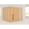 Sauna aus hellem Holz in einem hellen Raum.