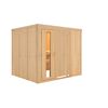 Sauna aus hellem Holz mit geöffneter Tür.
