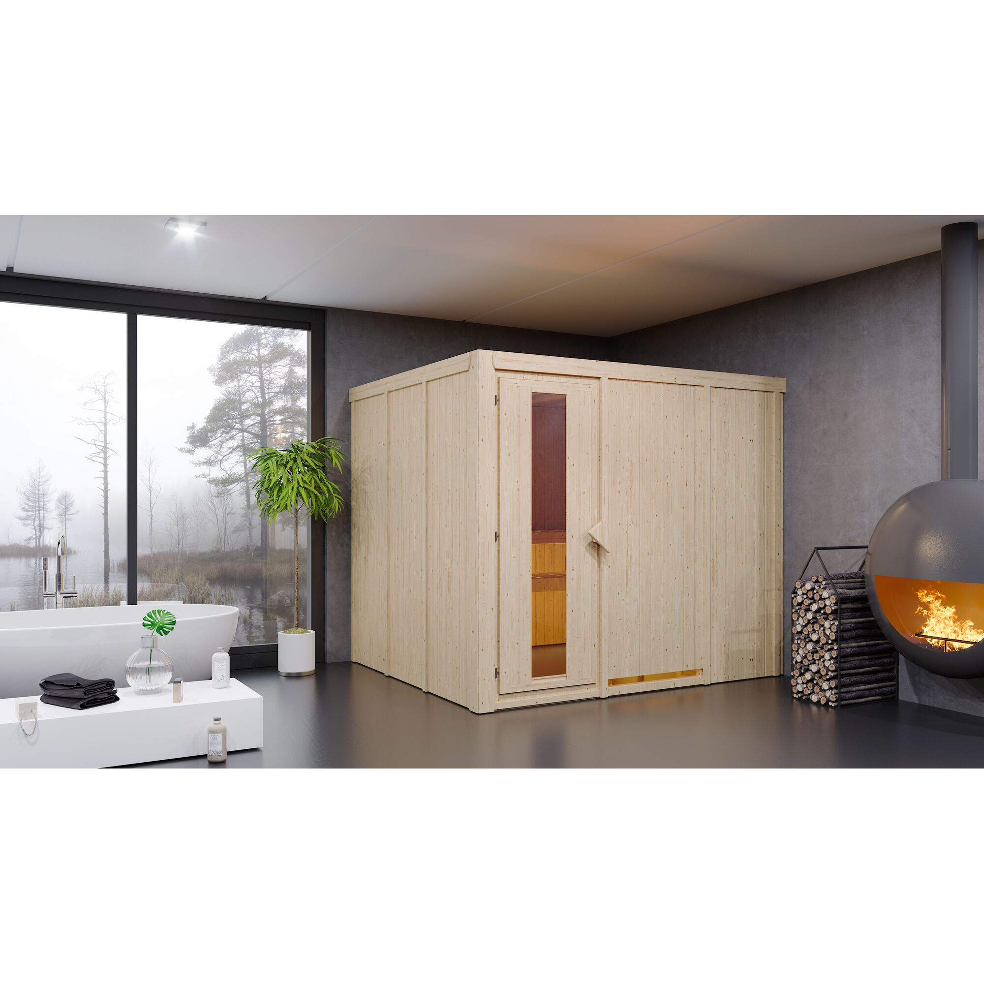 Saunakabine aus hellem Holz in einem Badezimmer.