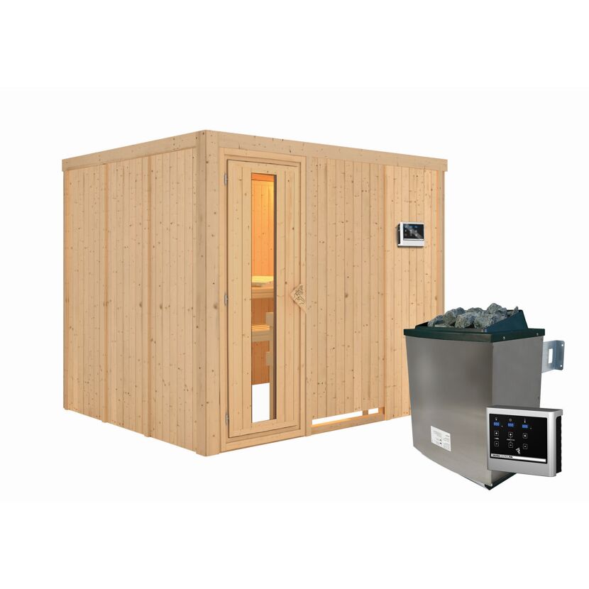 Sauna aus hellem Holz mit Saunaofen