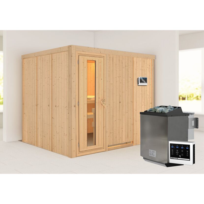 Sauna aus hellem Holz mit Saunaofen
