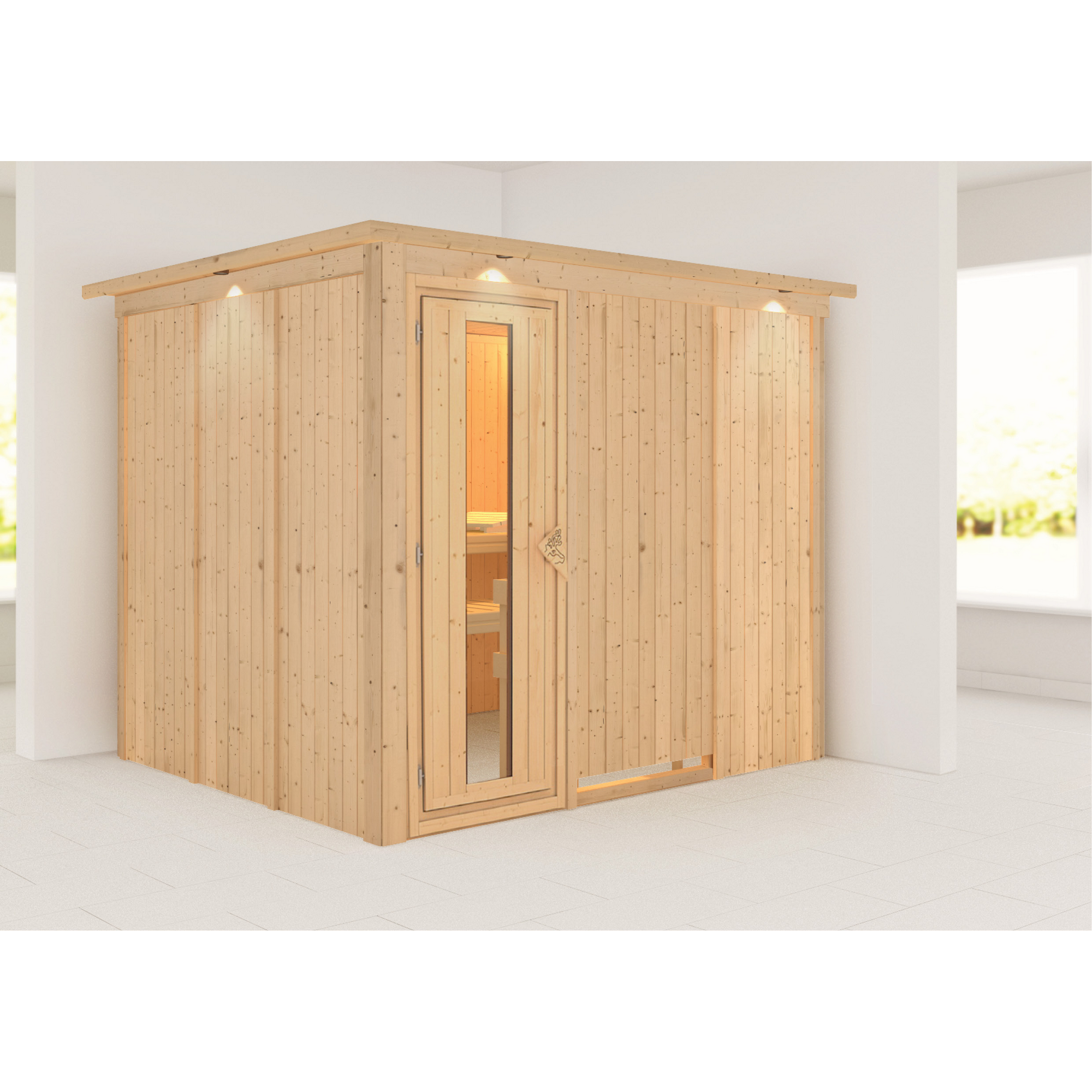 Elementsauna 'Alisa' naturbelassen mit Kranz und Energiespartür 245 x 210 x 202 cm