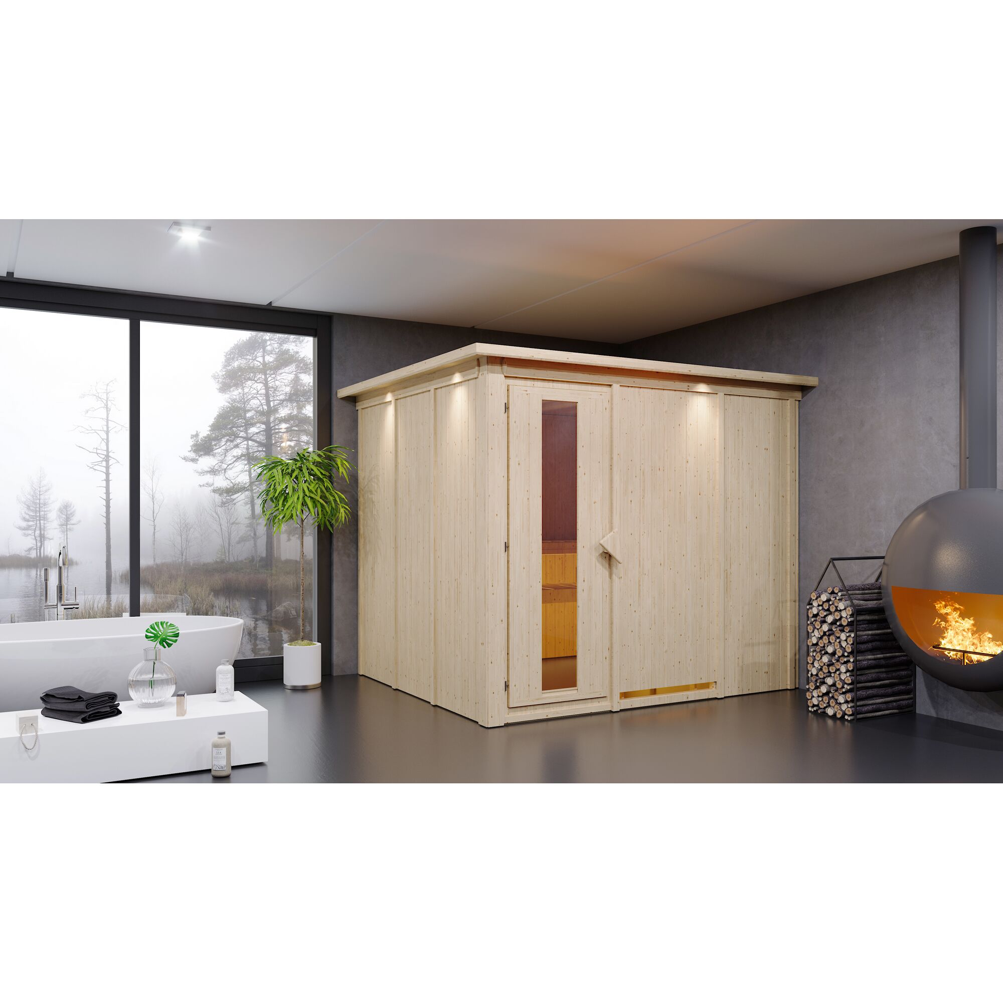 Sauna aus hellem Holz in einem modernen Badezimmer
