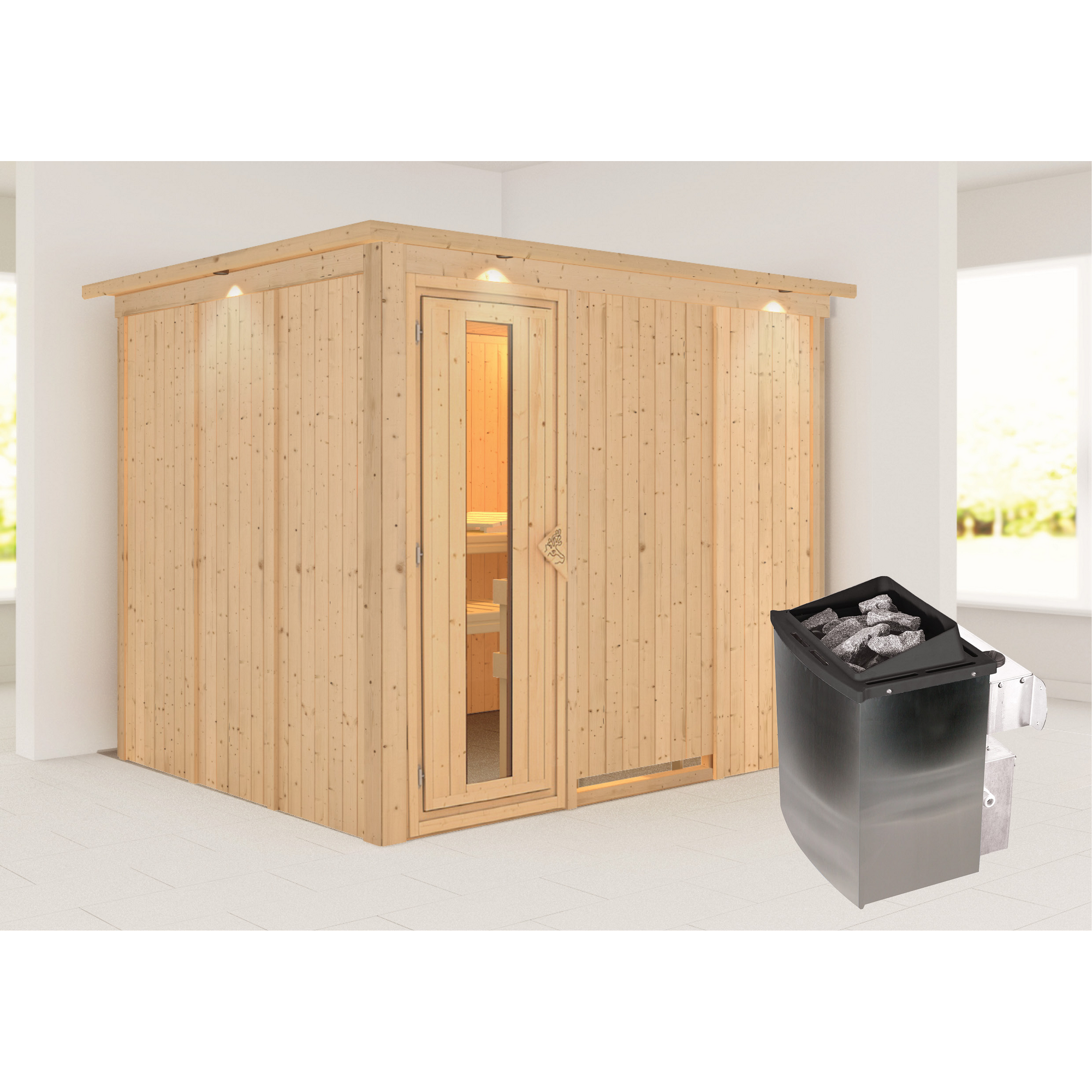 Elementsauna 'Alisa' naturbelassen mit Kranz und Energiespartür 9 kW Ofen integrierte Steuerung, Klimamesser, Sanduhr, Baderegeltafel 245 x 210 x 202 cm + product picture