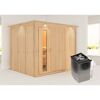 Sauna aus hellem Holz mit Saunaofen