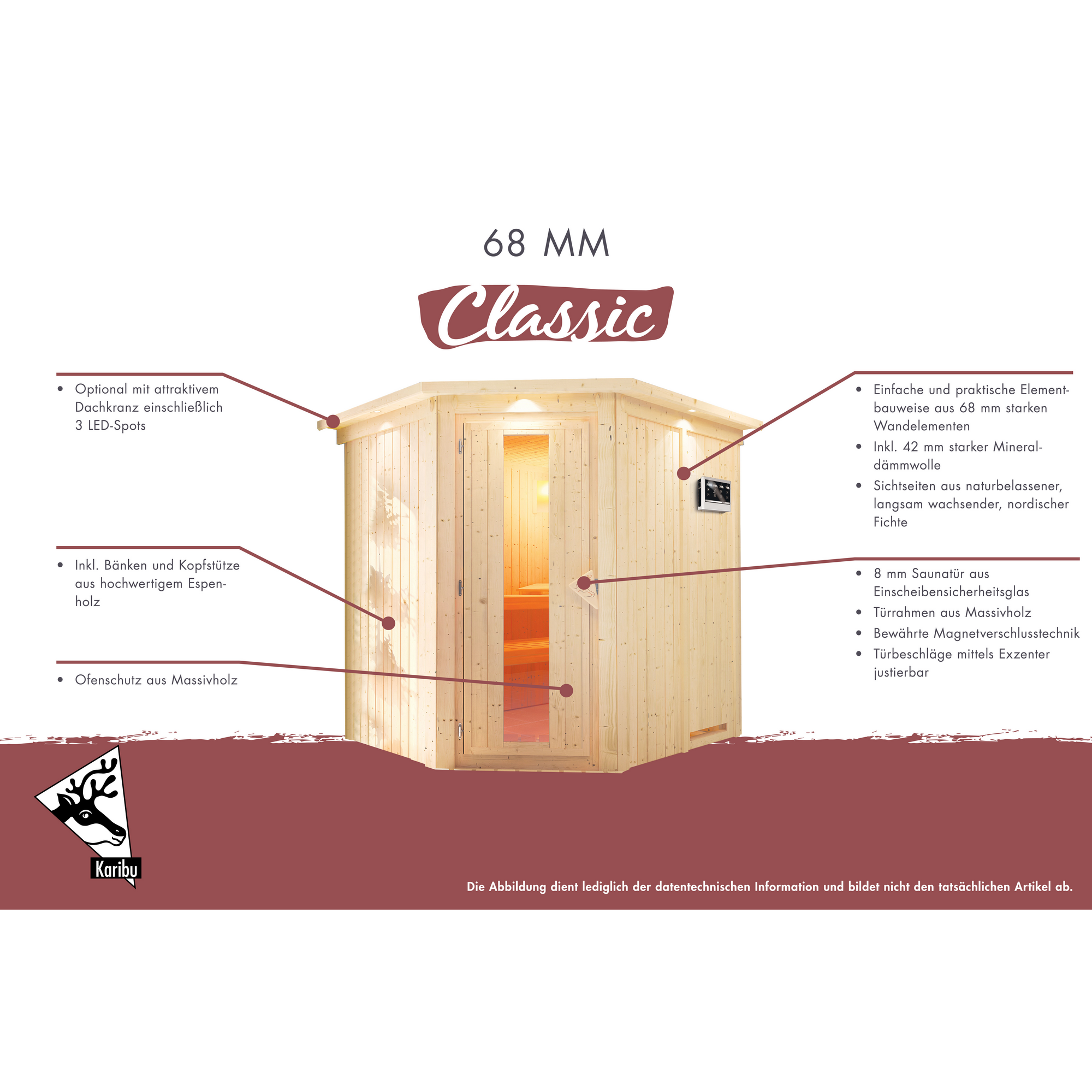 Elementsauna 'Alisa' naturbelassen mit Kranz und Energiespartür 9 kW Ofen integrierte Steuerung, Klimamesser, Sanduhr, Baderegeltafel 245 x 210 x 202 cm + product picture