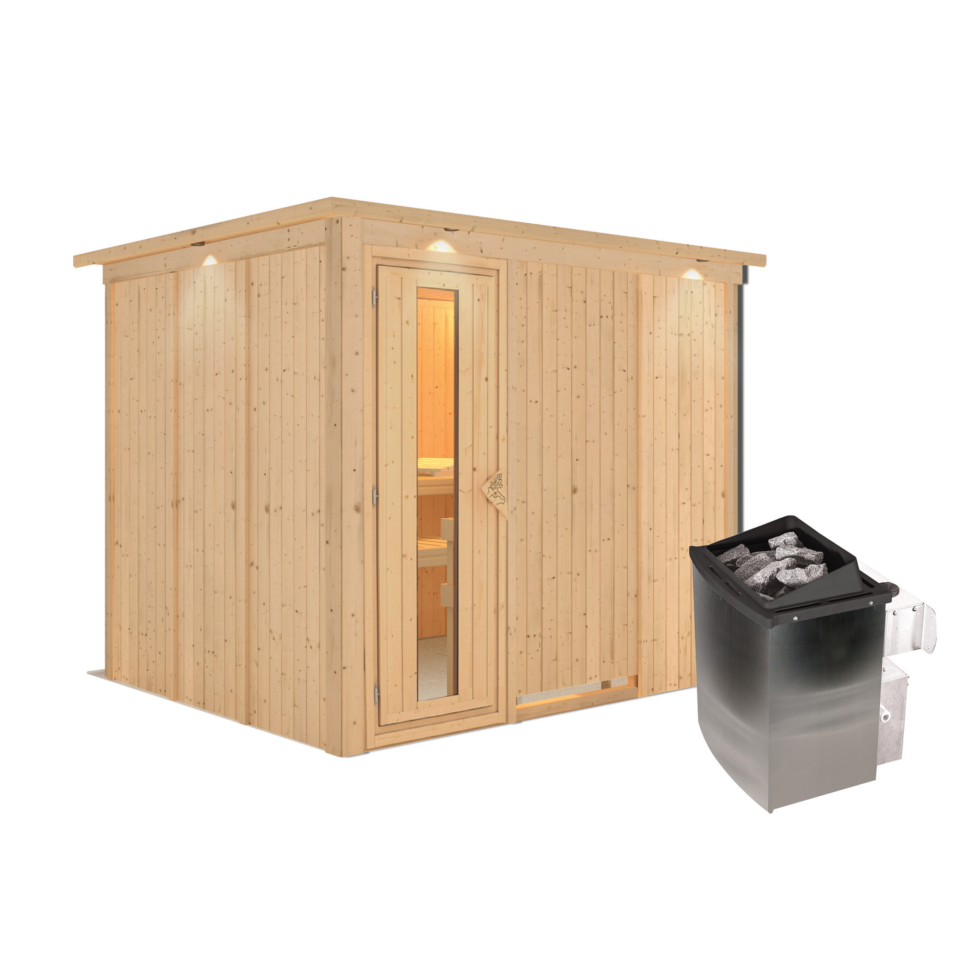 Elementsauna 'Alisa' naturbelassen mit Kranz und Energiespartür 9 kW Ofen integrierte Steuerung, Klimamesser, Sanduhr, Baderegeltafel 245 x 210 x 202 cm + product picture