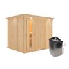 Sauna aus hellem Holz mit Saunaofen