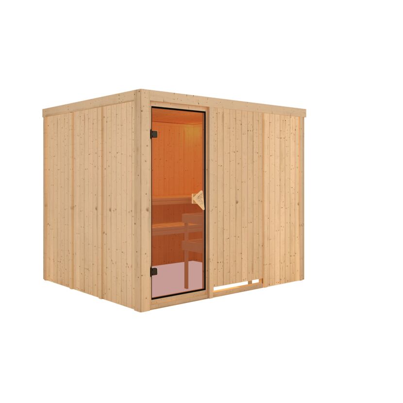 Saunakabine aus hellem Holz mit geöffneter Tür.