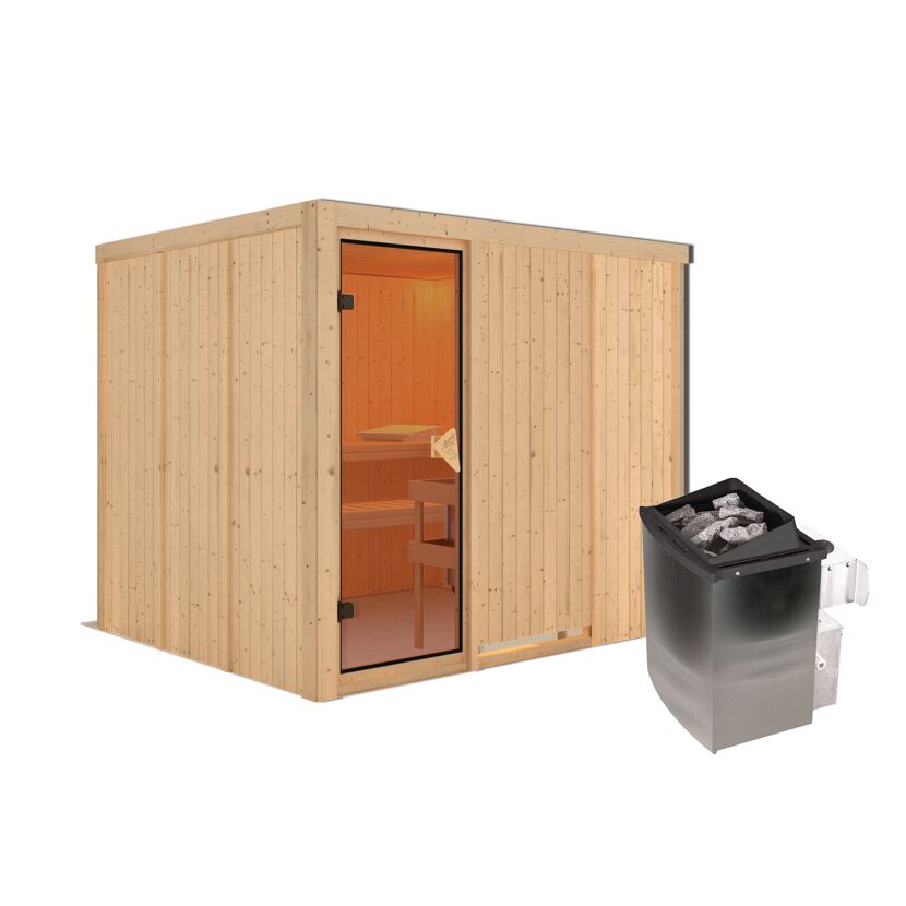 Außenansicht einer Sauna aus hellem Holz mit Saunaofen