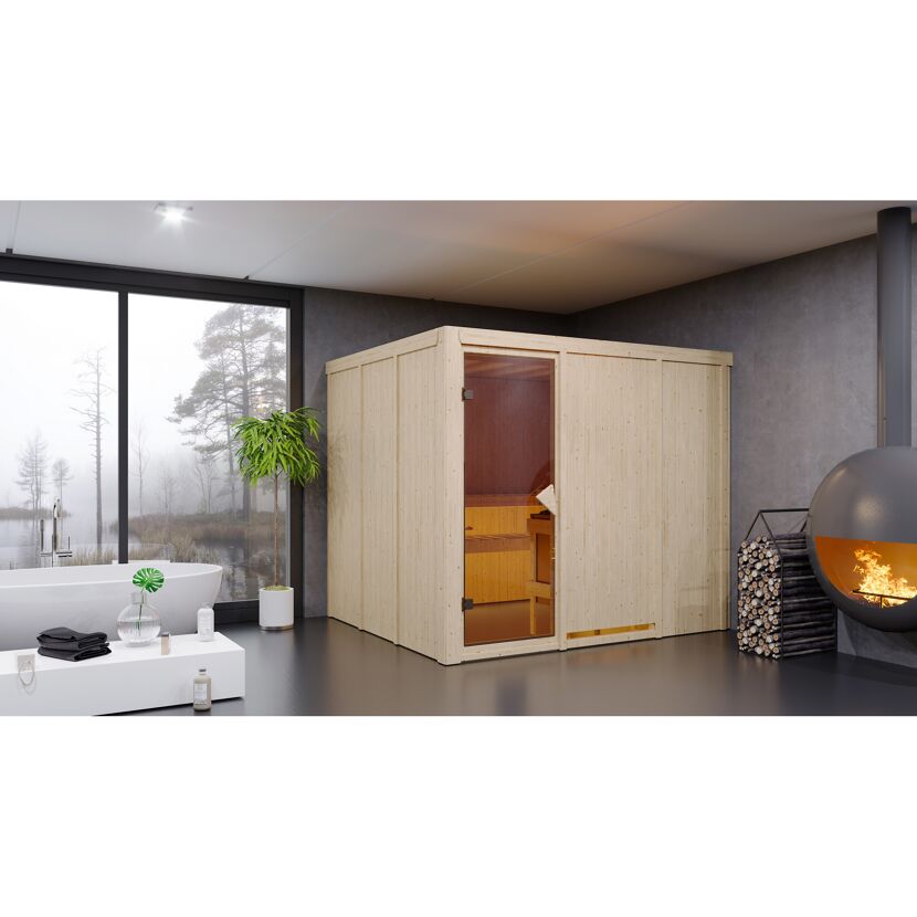 Sauna aus hellem Holz in einem Badezimmer