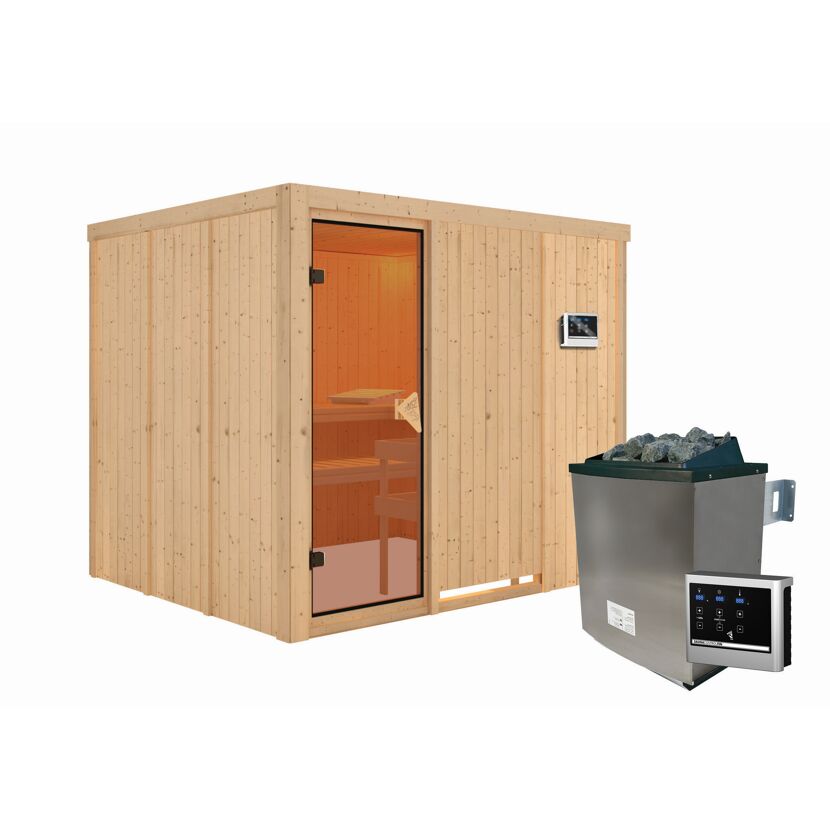 Außenansicht einer Sauna aus hellem Holz mit Saunaofen
