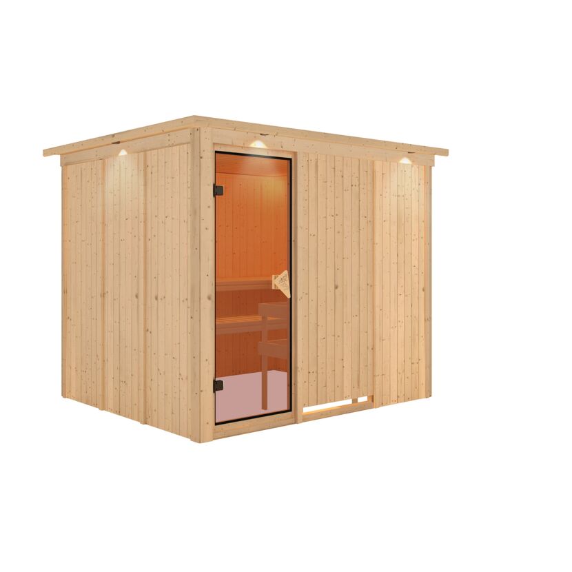 Sauna Alisa Front aus Holz mit Beleuchtung