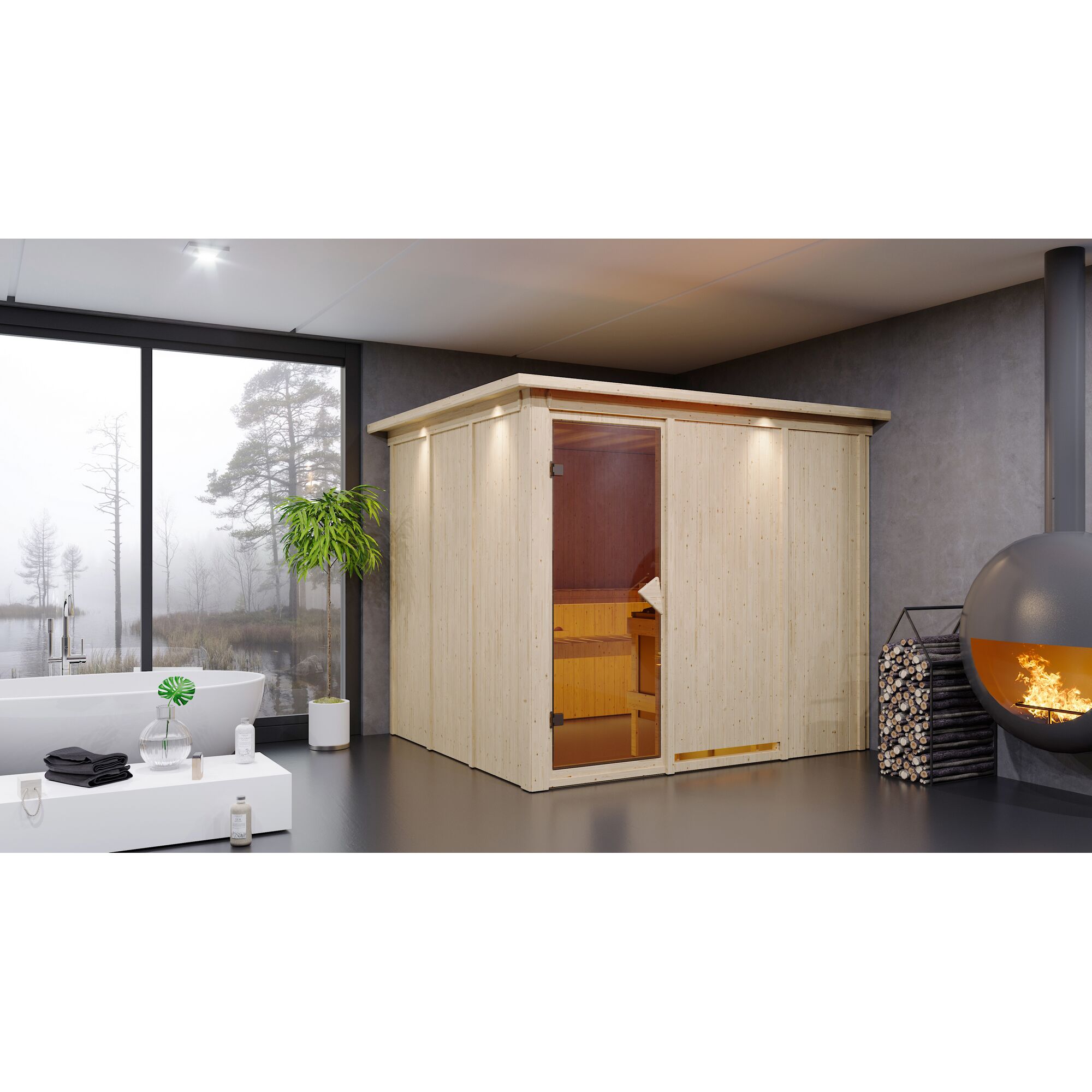 Sauna aus hellem Holz in einem modernen Badezimmer