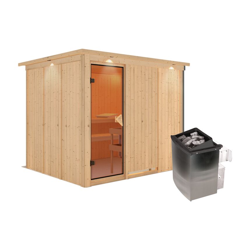 Sauna aus Holz mit Saunaofen