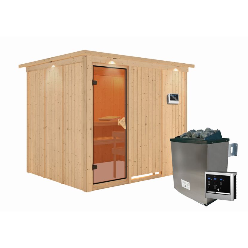 Außensauna aus Holz mit Saunaofen