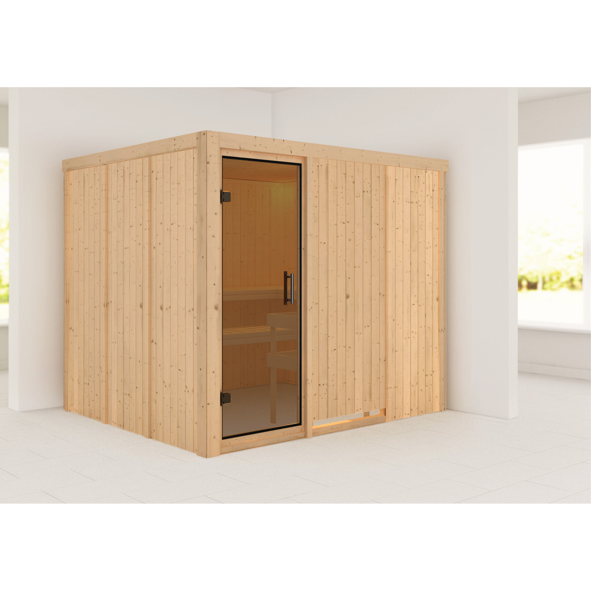 Elementsauna 'Alisa' naturbelassen mit graphitfarbener Tür 231 x 196 x 198 cm