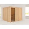 Sauna aus hellem Holz mit Glastür