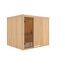 Sauna aus hellem Holz mit geöffneter Glastür.