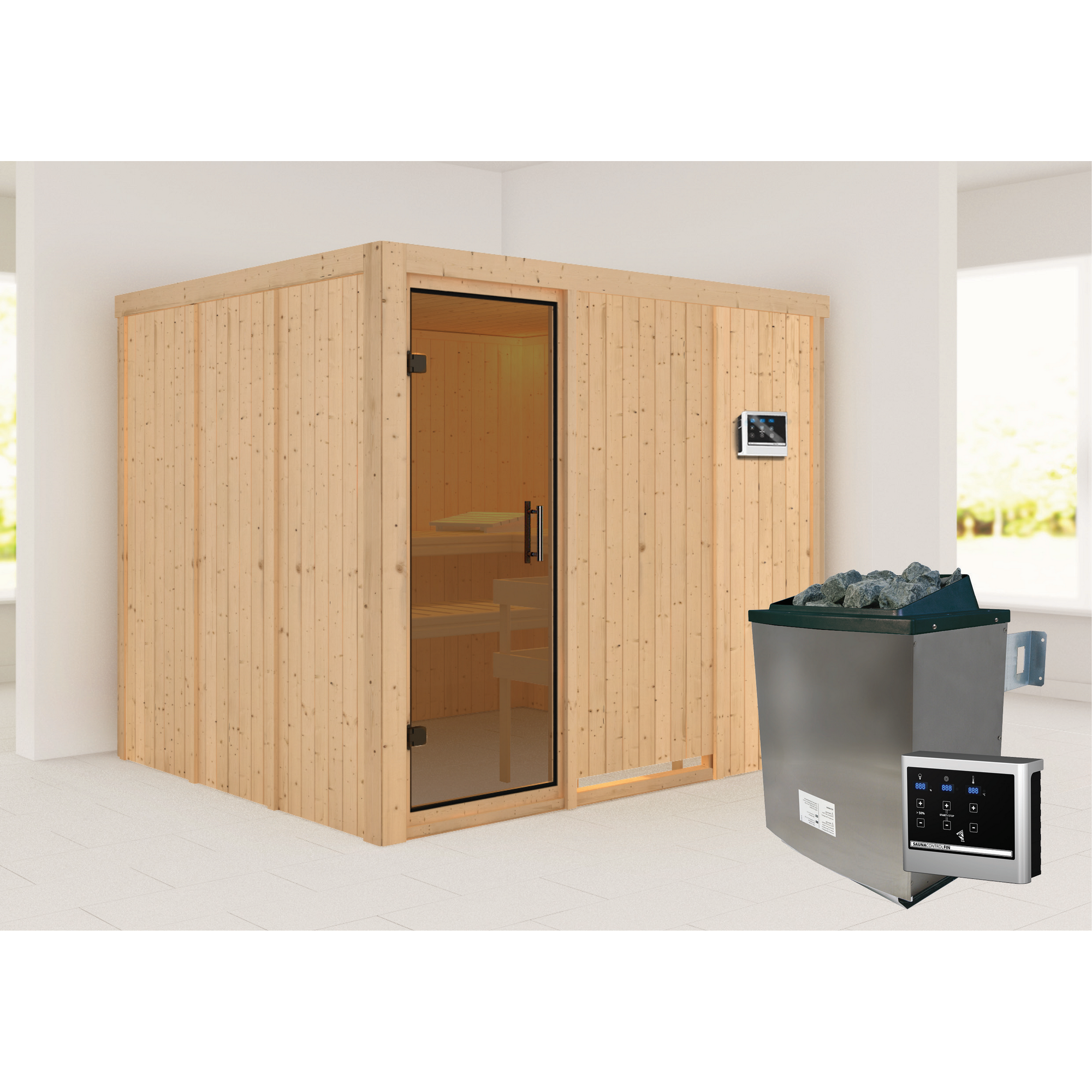 Elementsauna 'Alisa' naturbelassen mit graphitfarbener Tür 9 kW Ofen externe Steuerung Easy 231 x 196 x 198 cm