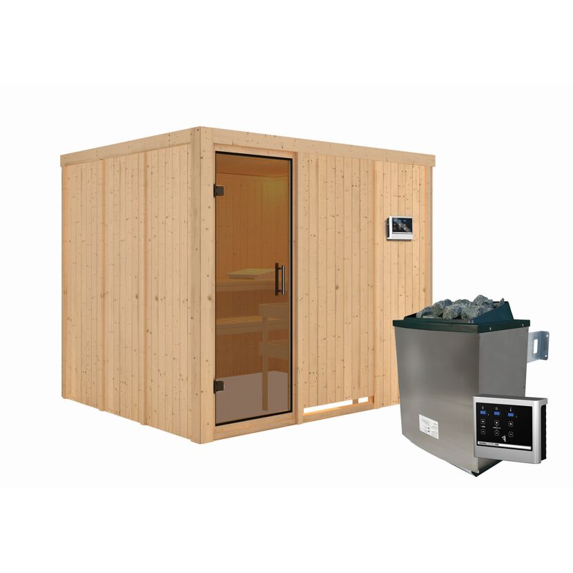 Elementsauna 'Alisa' naturbelassen mit graphitfarbener Tür 9 kW Ofen externe Steuerung Easy 231 x 196 x 198 cm