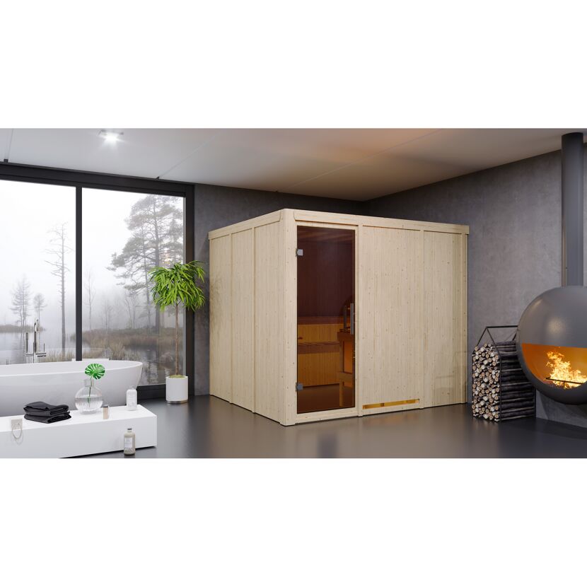 Elementsauna 'Alisa' naturbelassen mit graphitfarbener Tür 9 kW Bio-Ofen externe Steuerung Easy 231 x 196 x 198 cm
