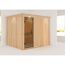 Sauna aus hellem Holz mit Glastür