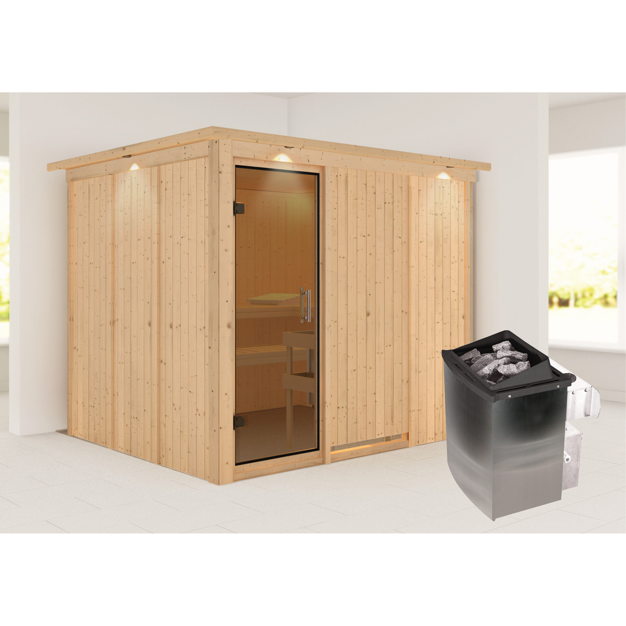 Elementsauna 'Alisa' naturbelassen mit Kranz und graphitfarbener Tür 9 kW Ofen integrierte Steuerung 245 x 210 x 202 cm