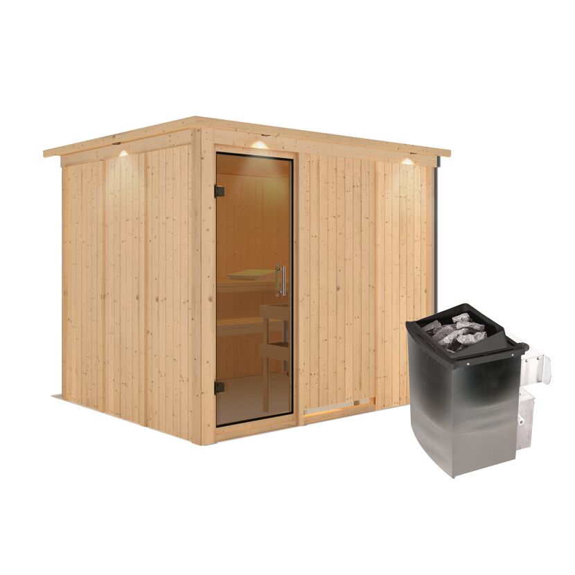 Elementsauna 'Alisa' naturbelassen mit Kranz und graphitfarbener Tür 9 kW Ofen integrierte Steuerung 245 x 210 x 202 cm