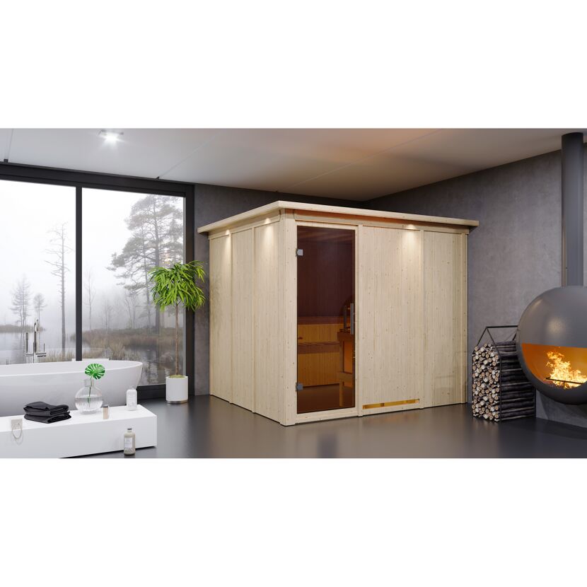 Elementsauna 'Alisa' naturbelassen mit Kranz und graphitfarbener Tür 9 kW Ofen externe Steuerung Easy 245 x 210 x 202 cm