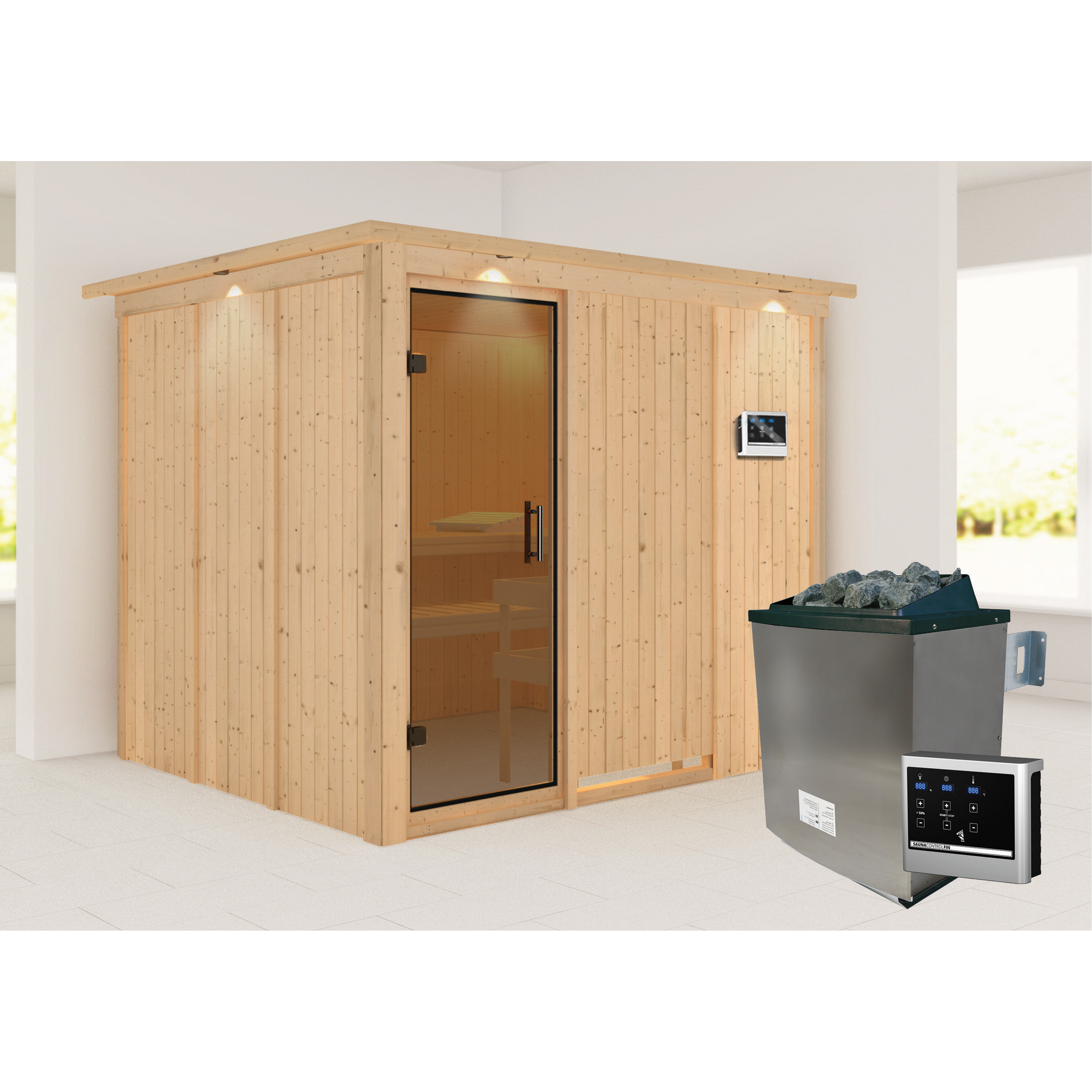Elementsauna 'Alisa' naturbelassen mit Kranz und graphitfarbener Tür 9 kW Ofen externe Steuerung Easy 245 x 210 x 202 cm