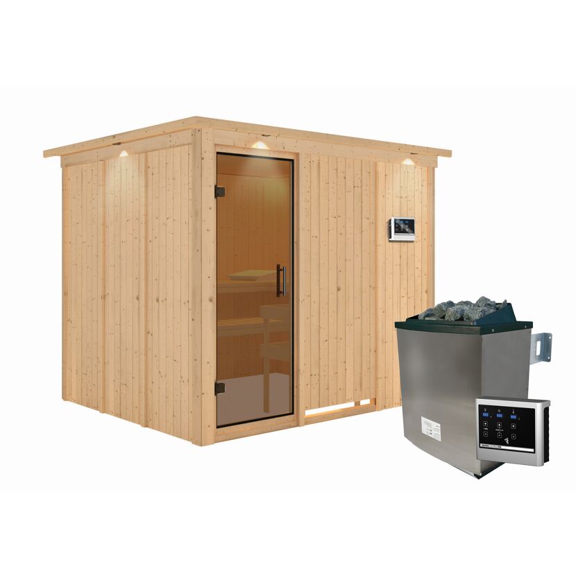 Elementsauna 'Alisa' naturbelassen mit Kranz und graphitfarbener Tür 9 kW Ofen externe Steuerung Easy 245 x 210 x 202 cm