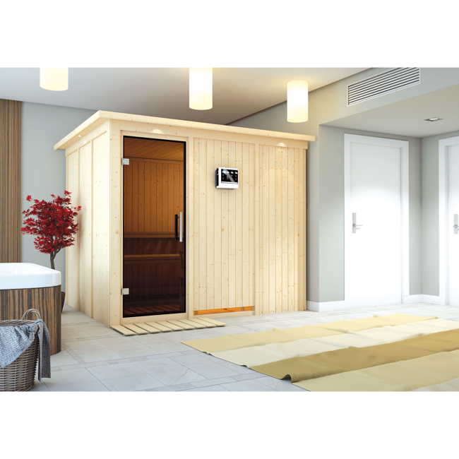 Bild von Elementsauna 'Alisa' naturbelassen mit Kranz und graphitfarbener Tür 9 kW Bio-Ofen externe Steuerung Easy 245 x 210 x 202 cm