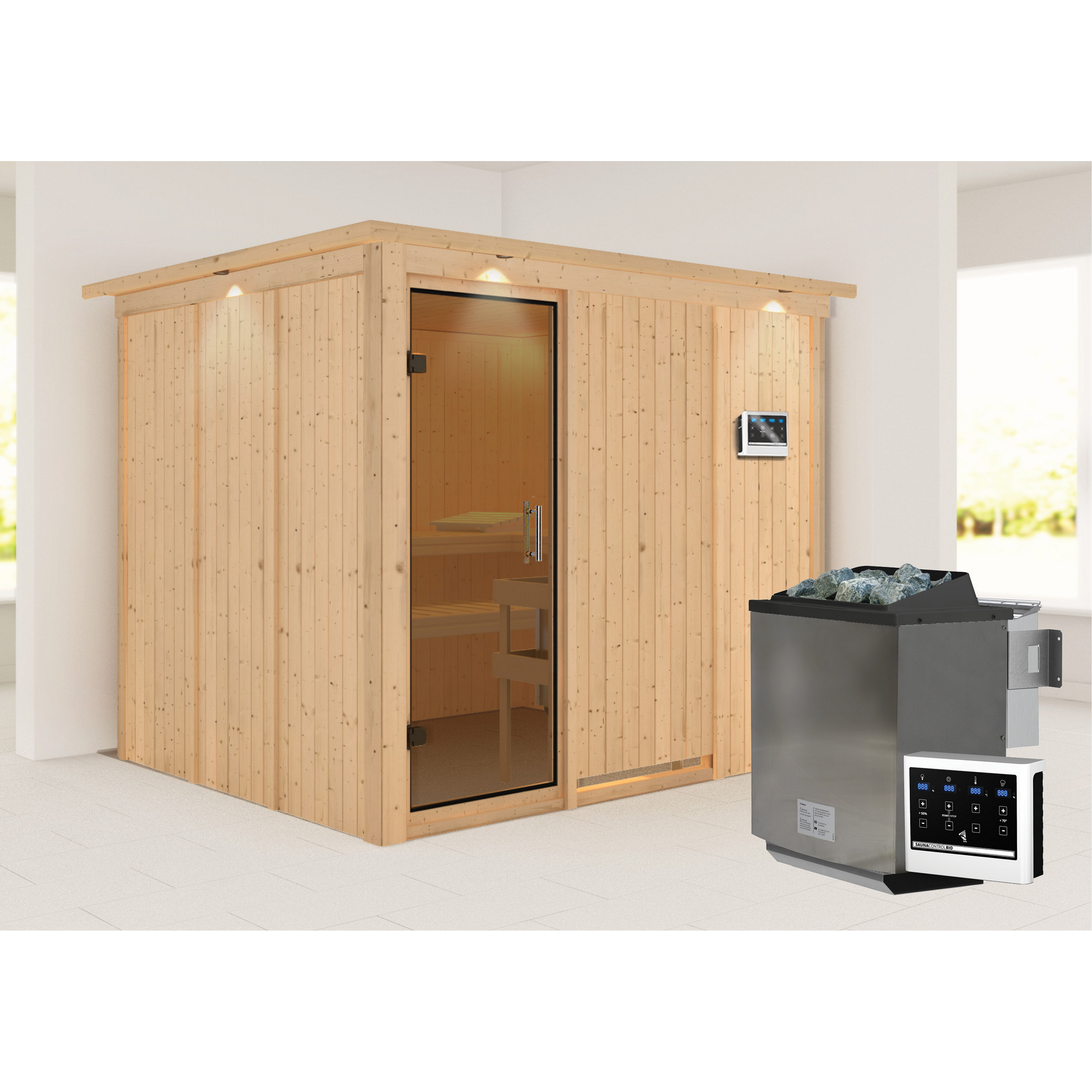 Elementsauna 'Alisa' naturbelassen mit Kranz und graphitfarbener Tür 9 kW Bio-Ofen externe Steuerung Easy 245 x 210 x 202 cm + product picture