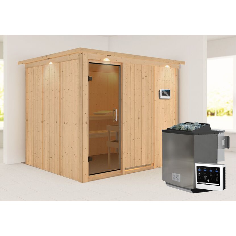 Sauna aus hellem Holz mit Saunaofen
