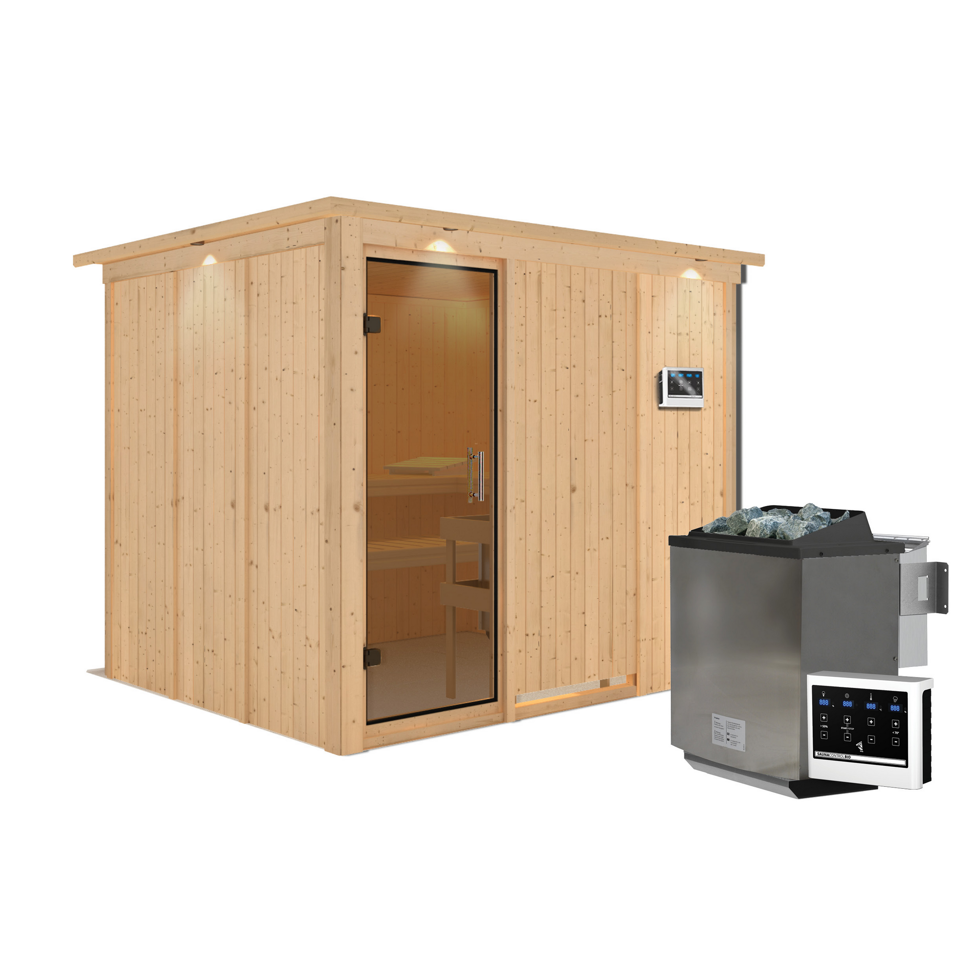 Elementsauna 'Alisa' naturbelassen mit Kranz und graphitfarbener Tür 9 kW Bio-Ofen externe Steuerung Easy 245 x 210 x 202 cm + product picture