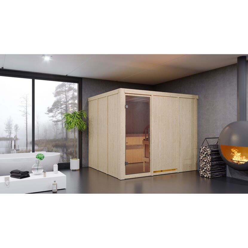 Elementsauna 'Alisa' naturbelassen mit Klarglastür 9 kW Ofen integrierte Steuerung 231 x 196 x 198 cm