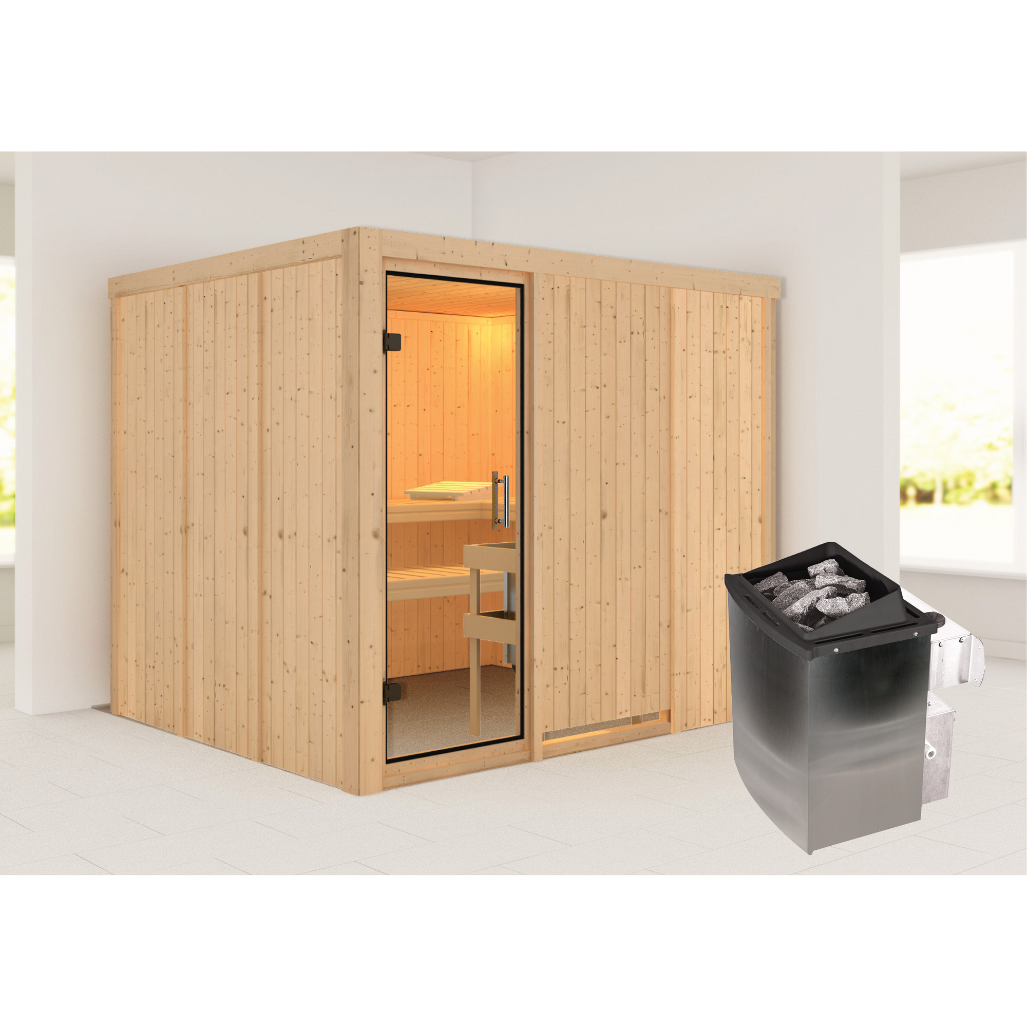 Elementsauna 'Alisa' naturbelassen mit Klarglastür 9 kW Ofen integrierte Steuerung 231 x 196 x 198 cm