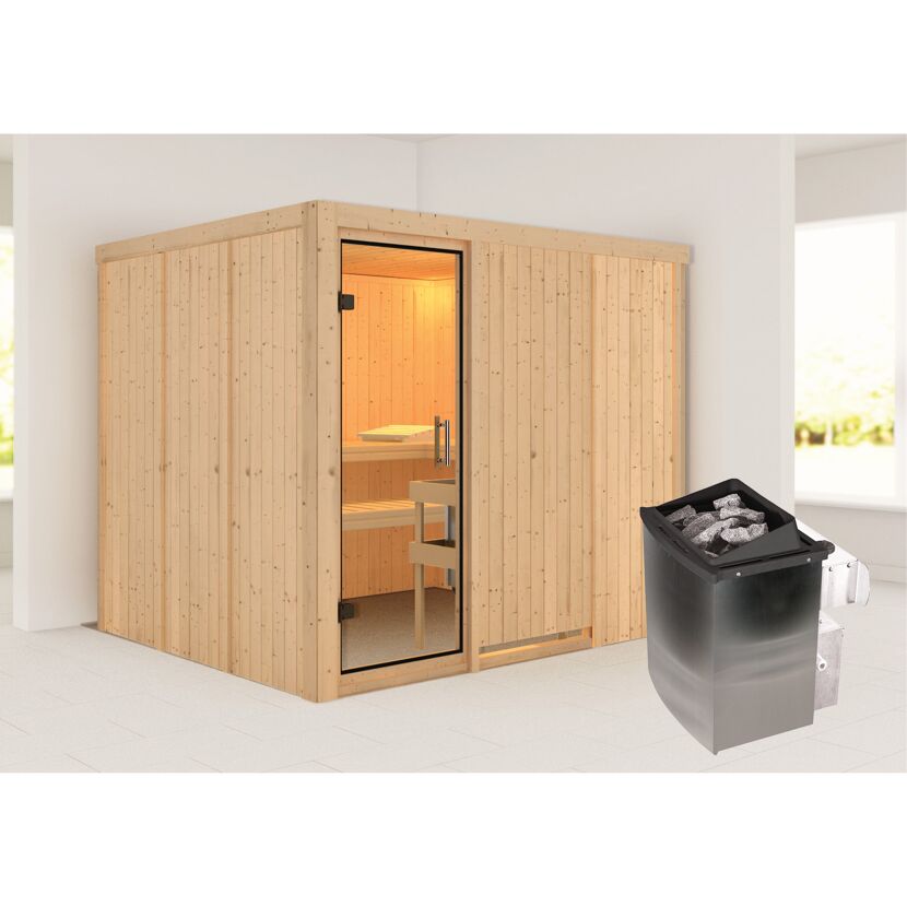 Elementsauna 'Alisa' naturbelassen mit Klarglastür 9 kW Ofen integrierte Steuerung 231 x 196 x 198 cm