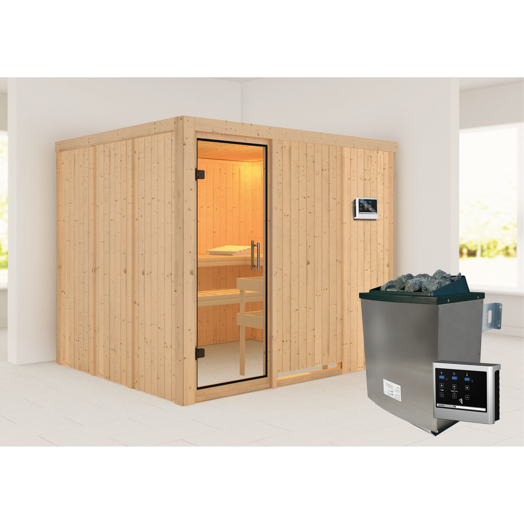 Elementsauna 'Alisa' naturbelassen mit Klarglastür 9 kW Ofen externe Steuerung easy 231 x 196 x 198 cm