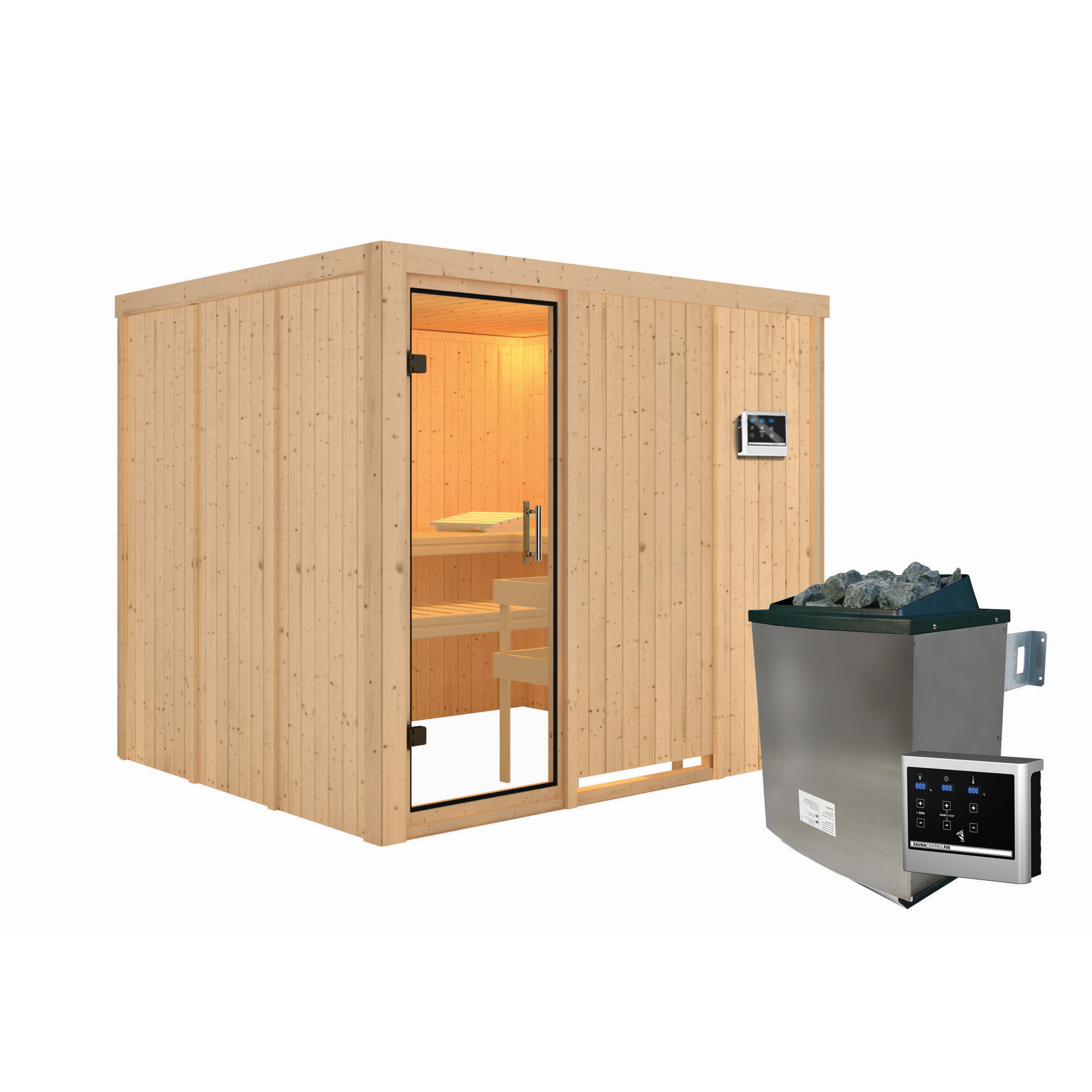 Elementsauna 'Alisa' naturbelassen mit Klarglastür 9 kW Ofen externe Steuerung easy 231 x 196 x 198 cm